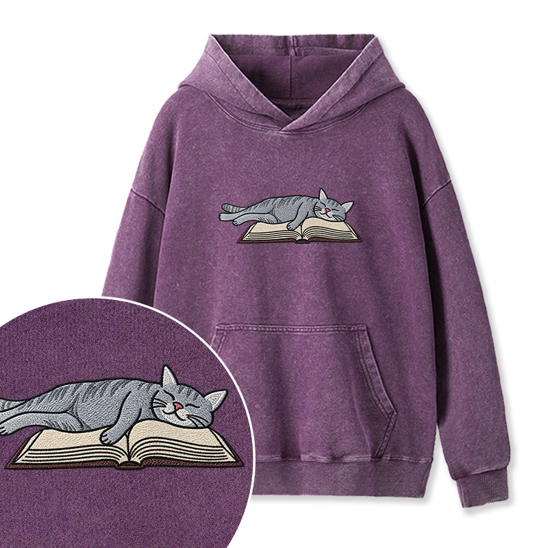 Embroidered Cat Sleeping On Book Washed Hoodie