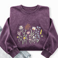 Embroidered Cute Wildflowers Washed Crewneck Sweatshirt