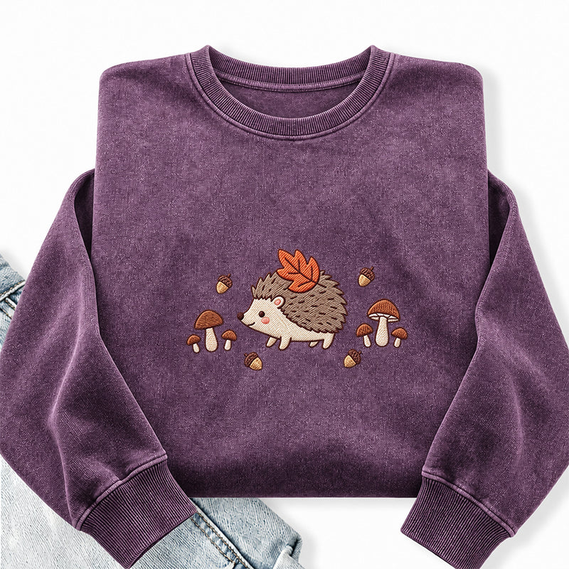 Embroidered Hedgehog Mushroom Washed Crewneck Sweatshirt