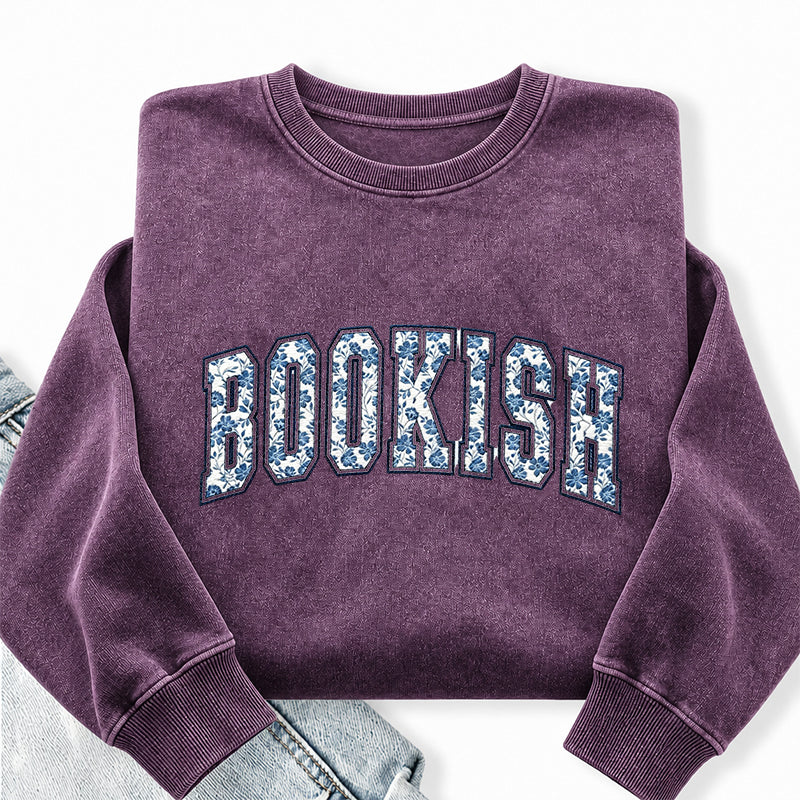 Embroidered Retro Bookish Washed Crewneck Sweatshirt