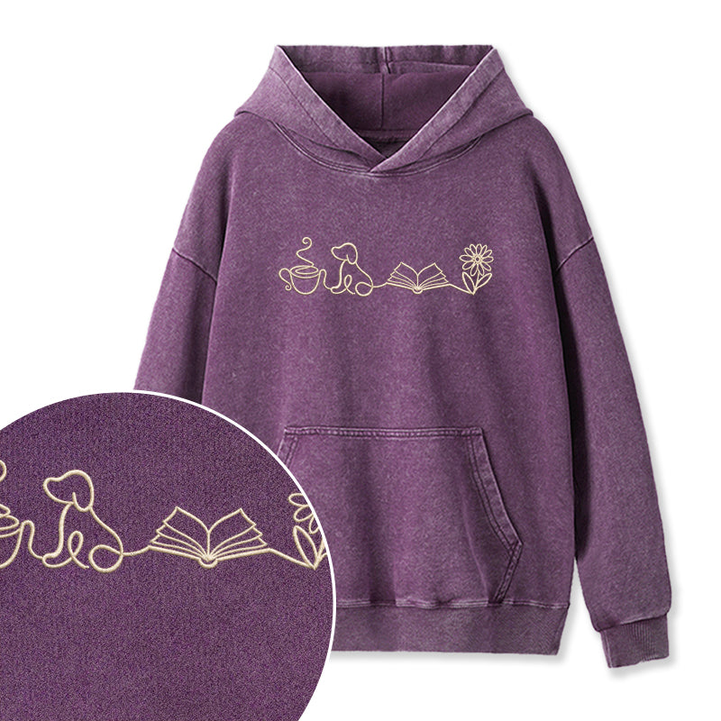 Embroidered Coffee Dog Book Flowers Washed Hoodie