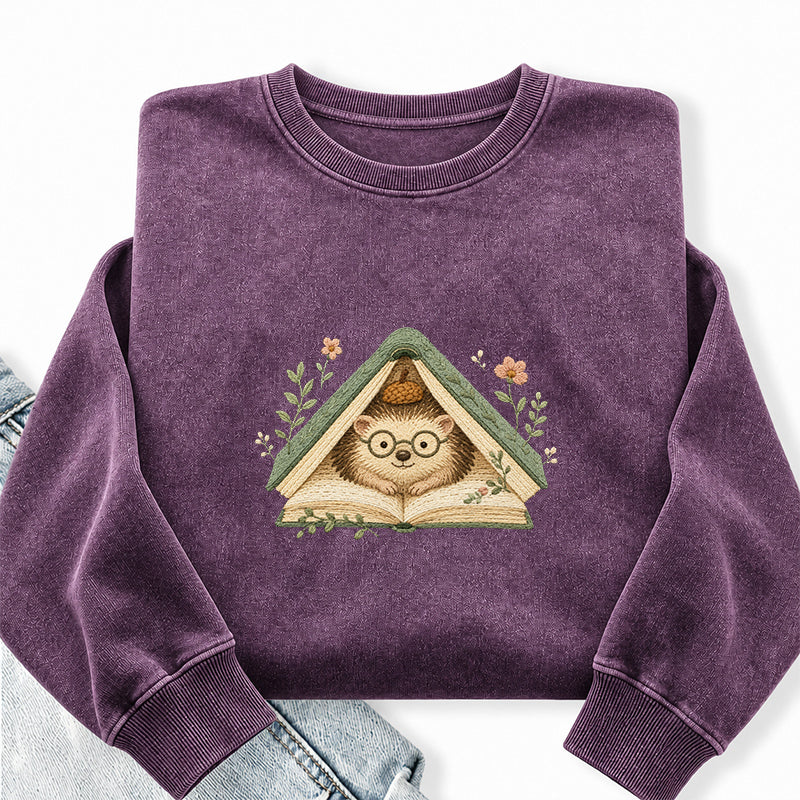 Embroidered Reading Hedgehog Washed Crewneck Sweatshirt
