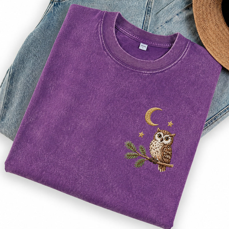 Embroidered Night Owl Washed Crew Neck T-Shirt