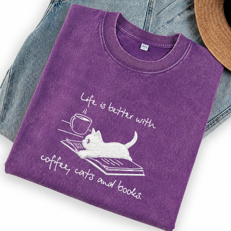 Embroidered Coffee Cat and Books Washed Crew Neck T-Shirt