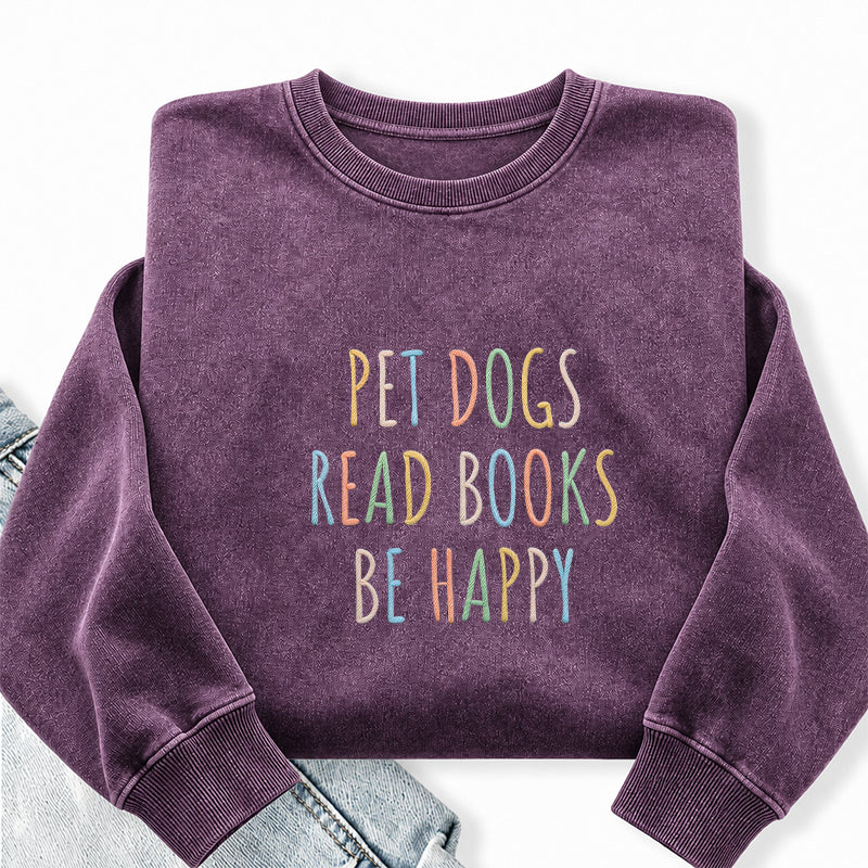 Embroidered Pet Dogs Read Books Be Happy Washed Crewneck Sweatshirt