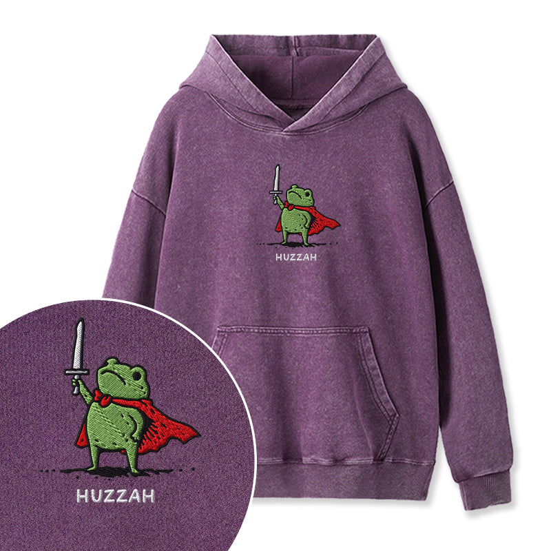 Embroidered Huzzah Frog with Sword Washed Hoodie