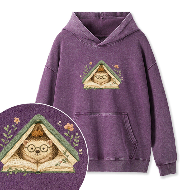 Embroidered Hedgehog Book Flower Washed Hoodie