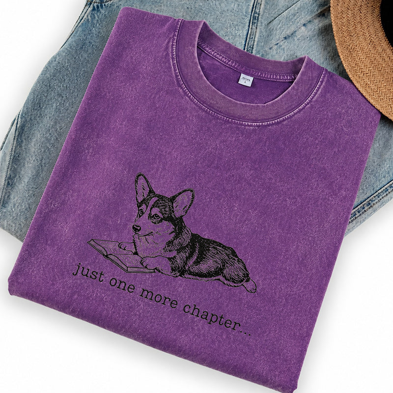 Embroidered One More Chapter Corgi Washed Crew Neck T-Shirt