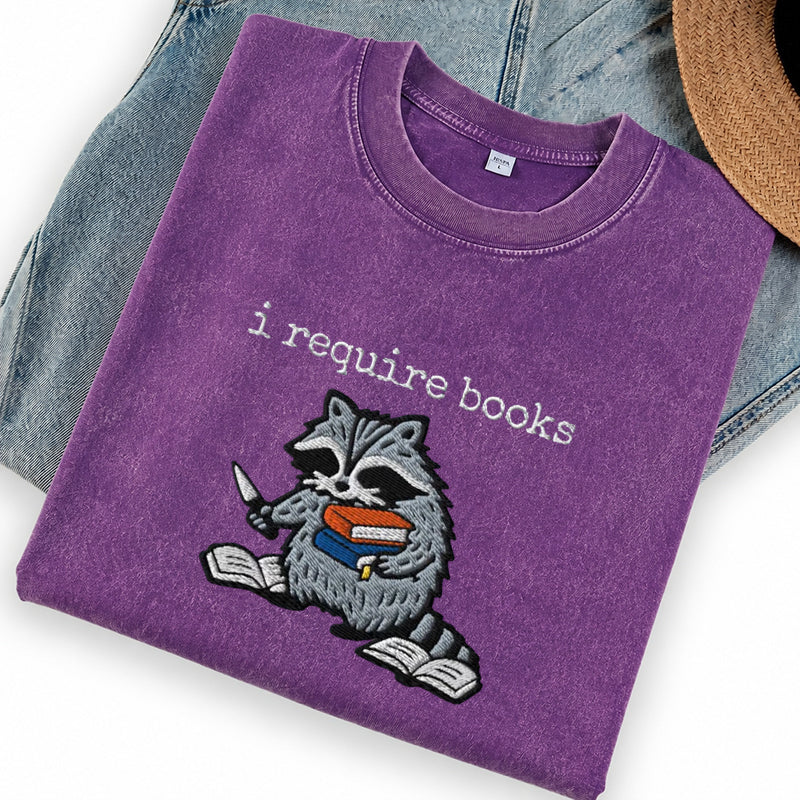 Embroidered I Require Books Washed Crew Neck T-Shirt