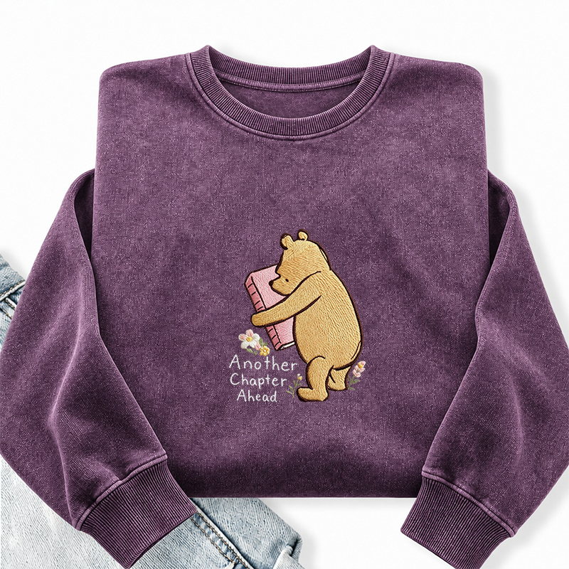 Embroidered Reading Bear Another Chapter Washed Crewneck Sweatshirt