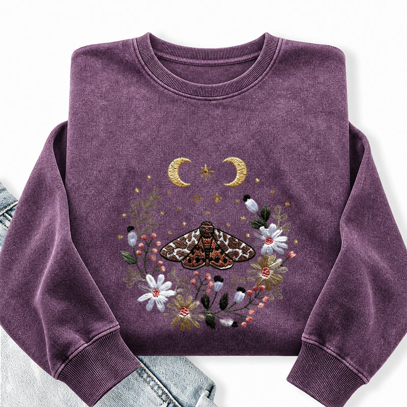 Embroidered Cottagecore Moth Washed Crewneck Sweatshirt