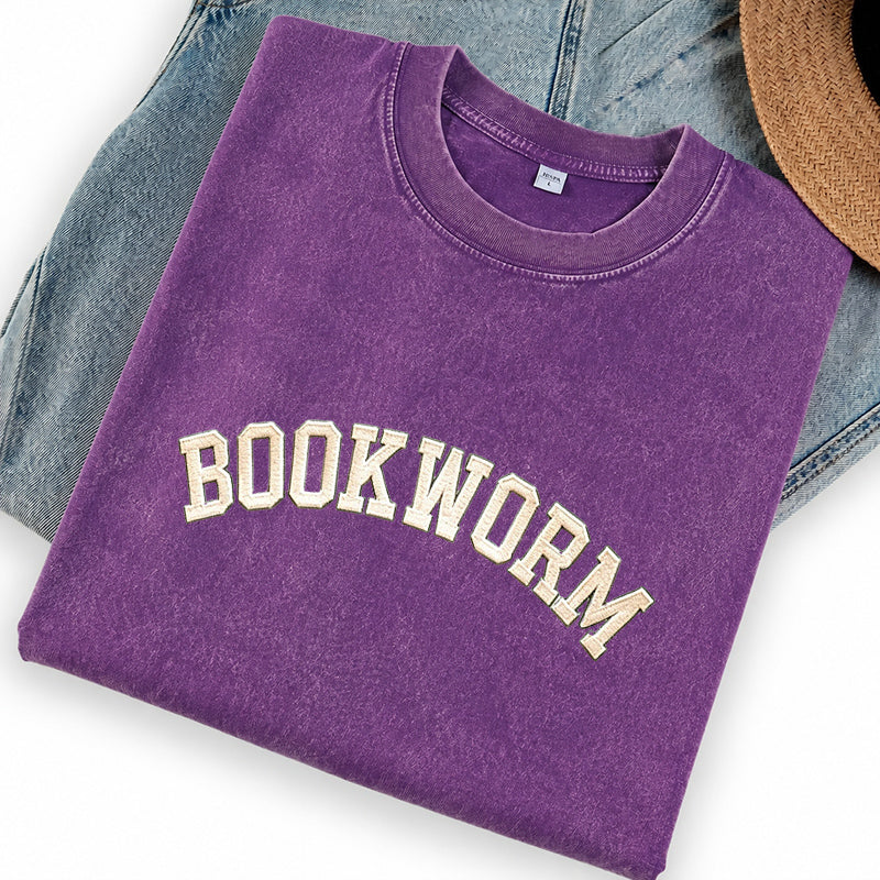 Embroidered Bookworm Washed Crew Neck T-Shirt