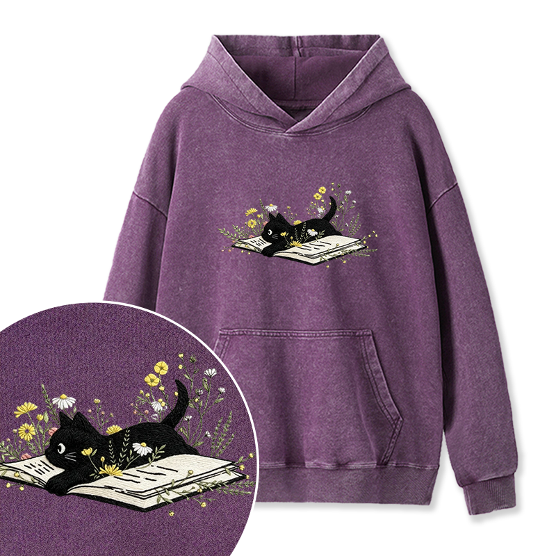 Embroidered Floral Book Cats Washed Hoodie