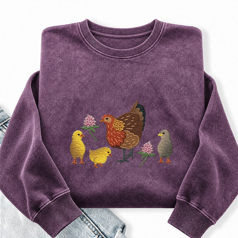 Embroidered Hen & Chicks Washed Crewneck Sweatshirt