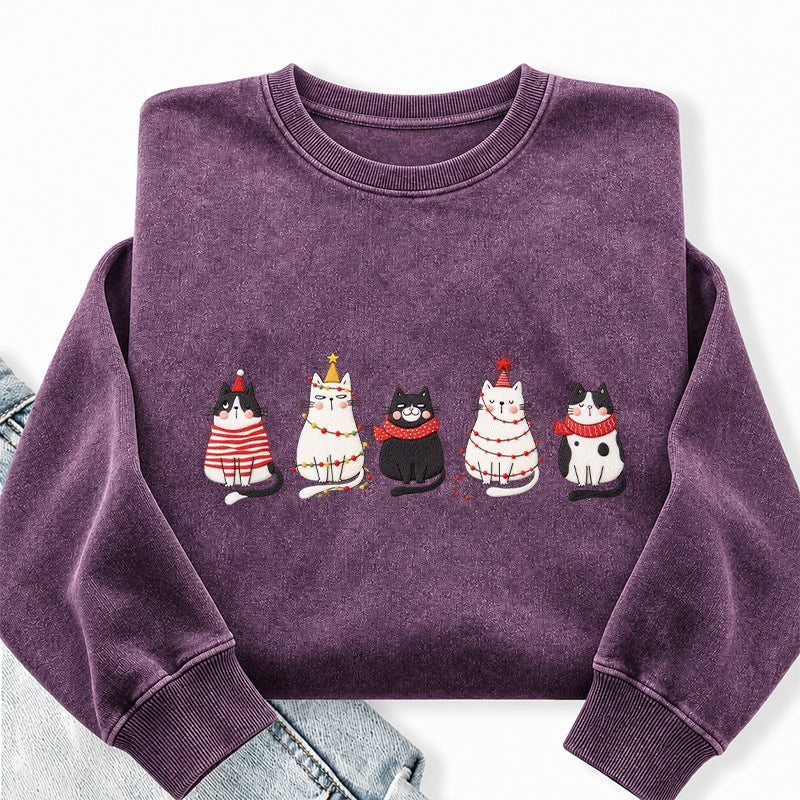 Embroidered Cute Cat Christmas Washed Crewneck Sweatshirt