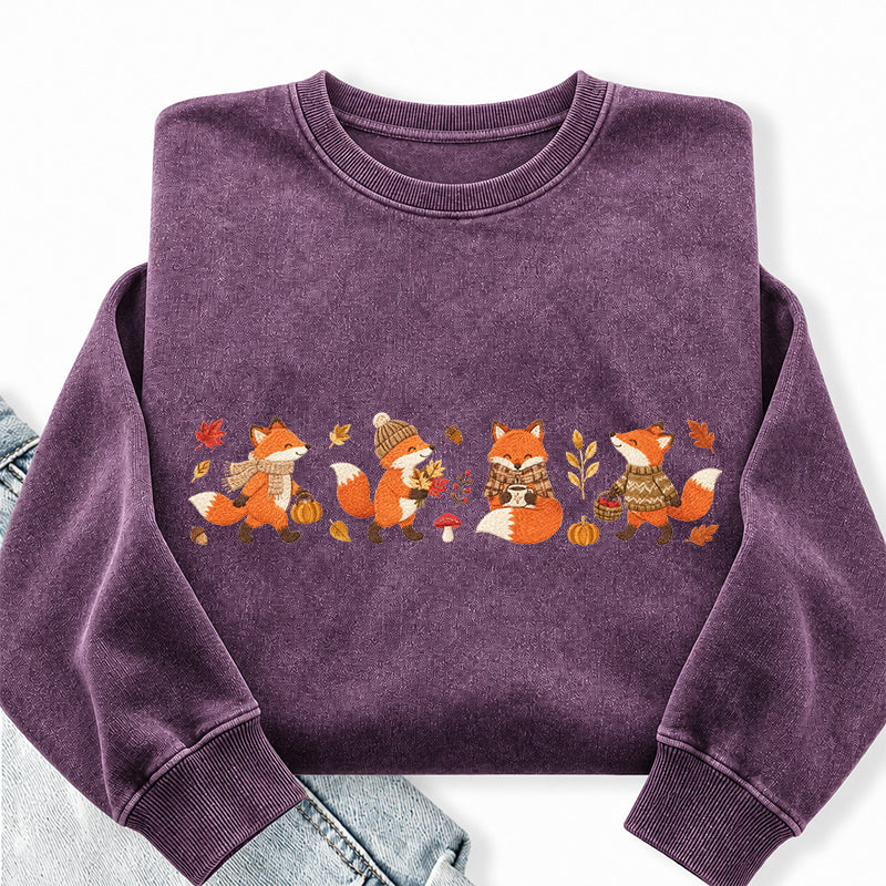 Embroidered Fall Fox Washed Crewneck Sweatshirt
