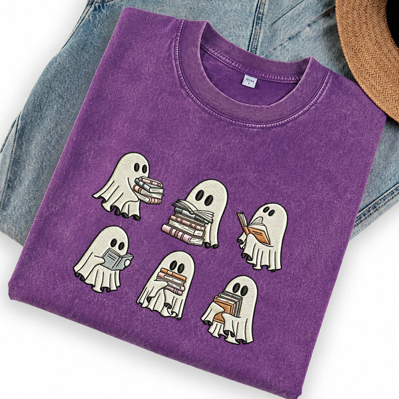 Embroidered Halloween Ghost Book Washed Crew Neck T-Shirt