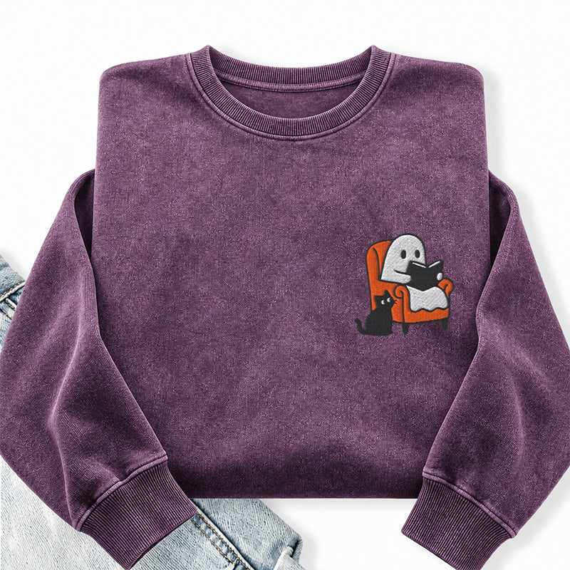 Embroidered Ghost Reading On Sofa Washed Crewneck Sweatshirt