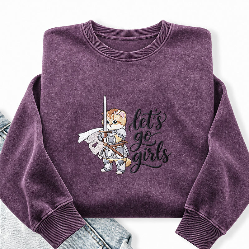 Embroidered Let's Go Girls Knight Cat Washed Crewneck Sweatshirt