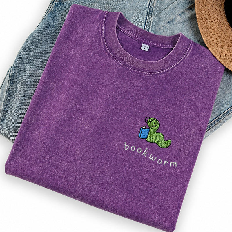 Embroidered Bookworm Washed Crew Neck T-Shirt