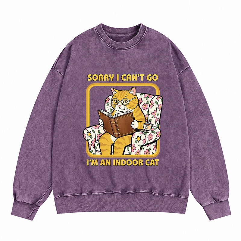 Sorry I Can't Go I'm an Indoor Cat Washed Crewneck Sweatshirt