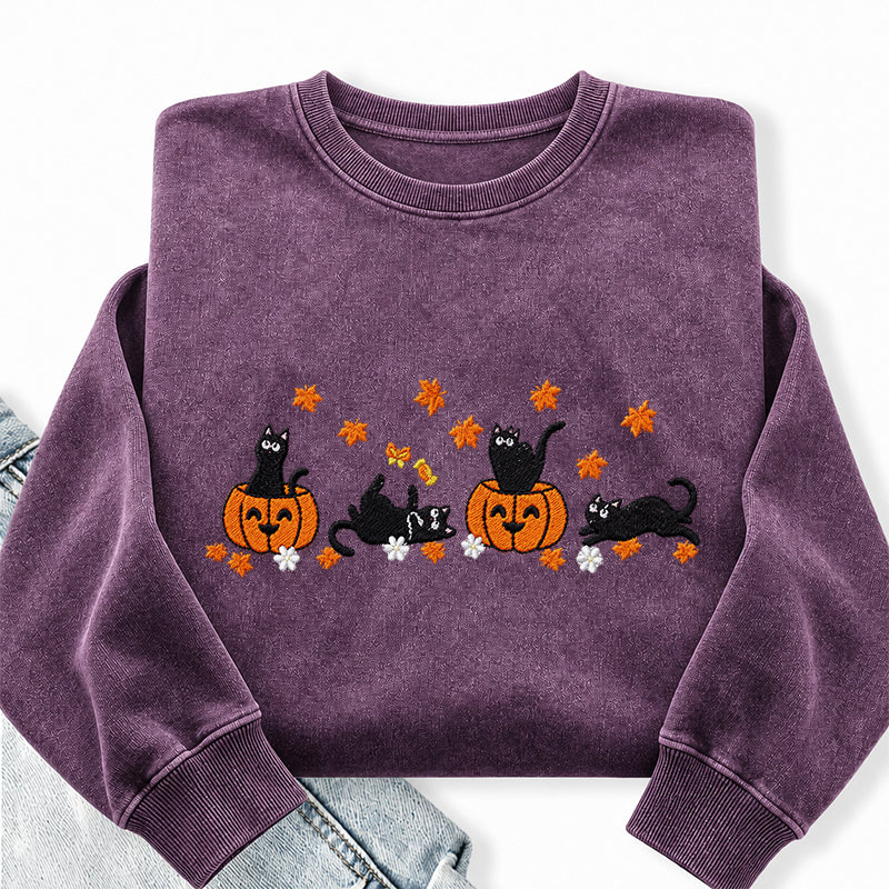 Embroidered Halloween Black Cat Washed Crewneck Sweatshirt