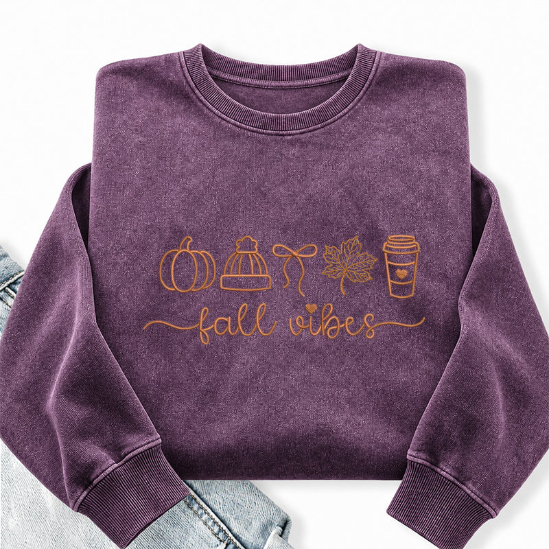 Embroidered Fall Vibes Washed Crewneck Sweatshirt