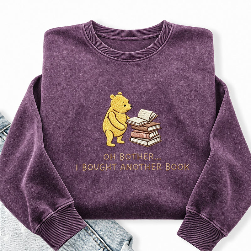 Embroidered Funny Bear Reading Books Washed Crewneck Sweatshirt