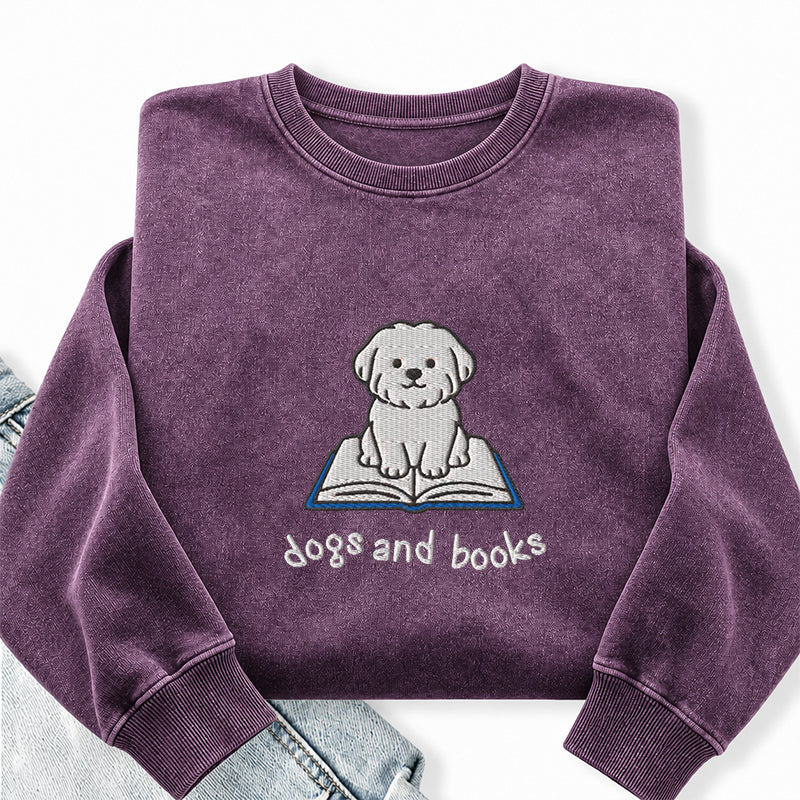 Embroidered Dogs And Books Washed Crewneck Sweatshirt