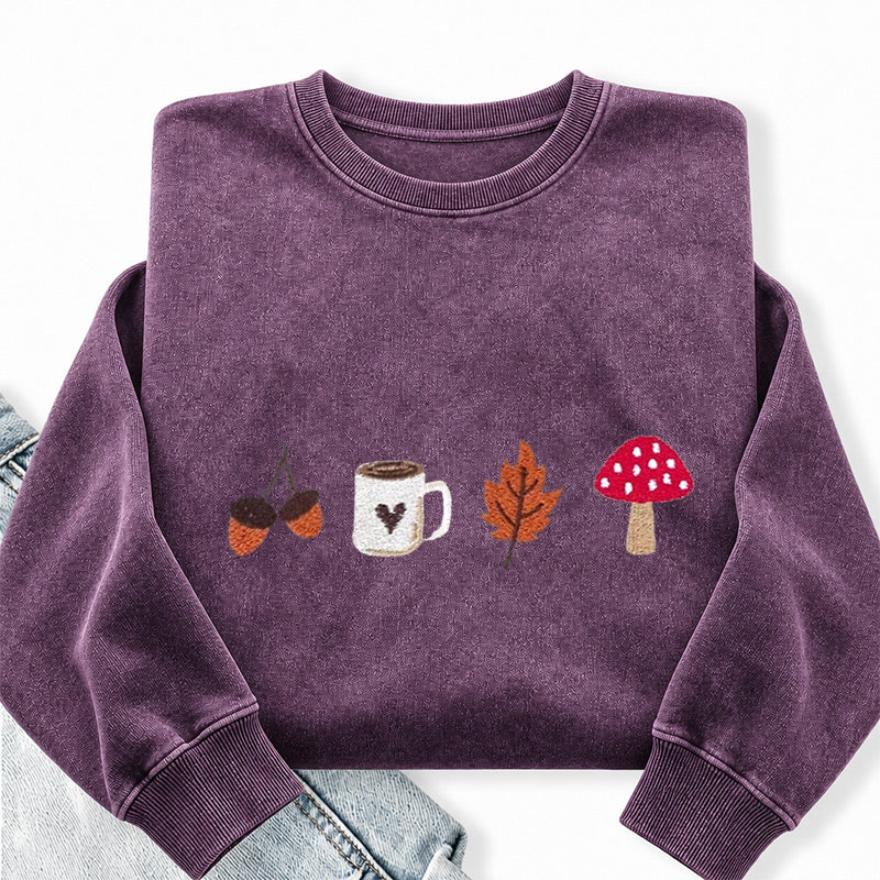 Embroidered Cozy Autumn Washed Crewneck Sweatshirt