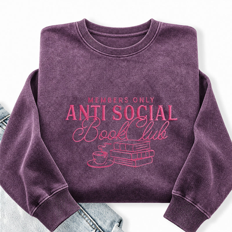 Embroidered Anti-Social Book Club Washed Crewneck Sweatshirt