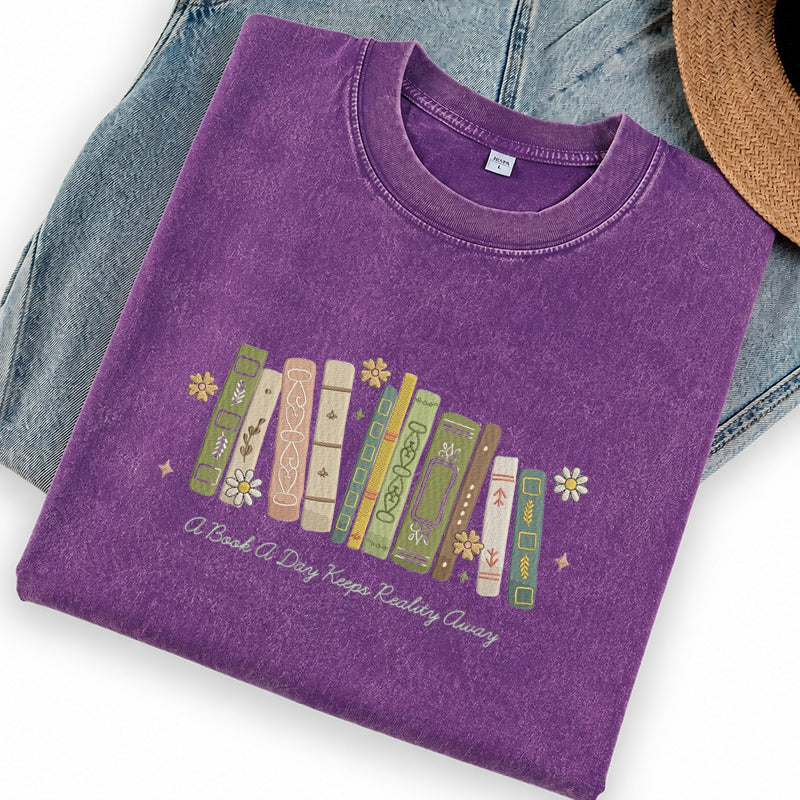 Embroidered A Book A Day Washed Crew Neck T-Shirt