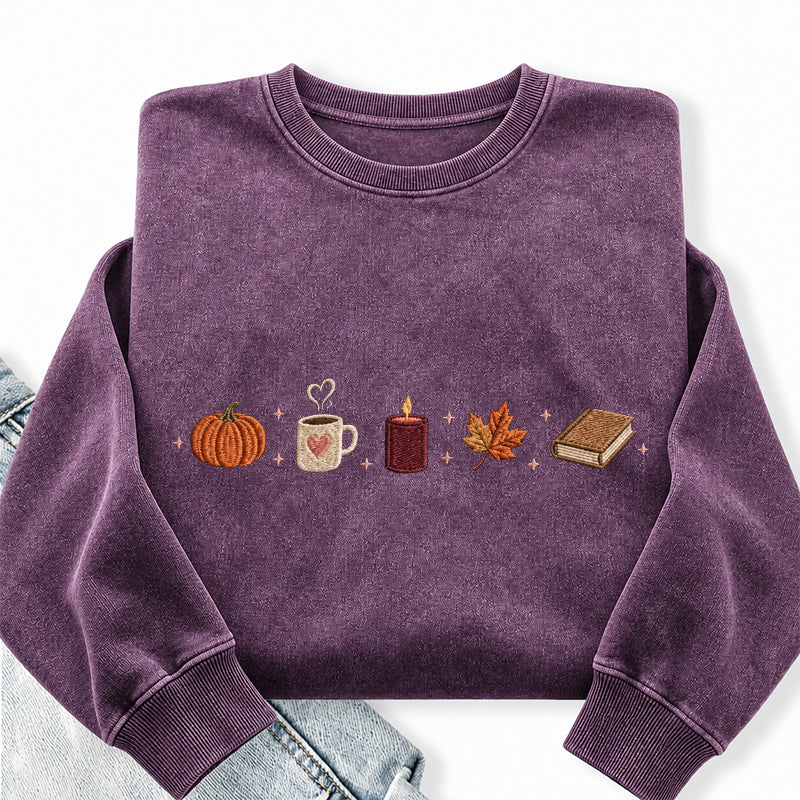 Embroidered Autumn Icons Washed Crewneck Sweatshirt