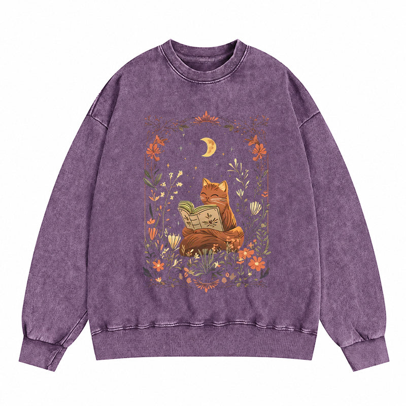 Cottagecore Cat Reading Book Washed Crewneck Sweatshirt