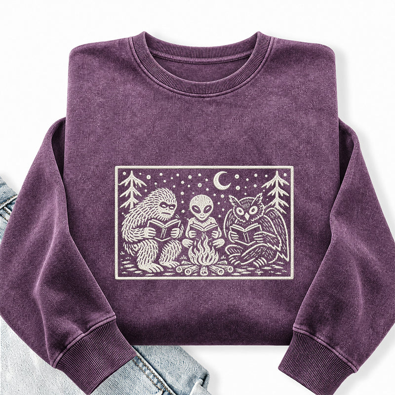Embroidered Cryptid Book Club Washed Crewneck Sweatshirt
