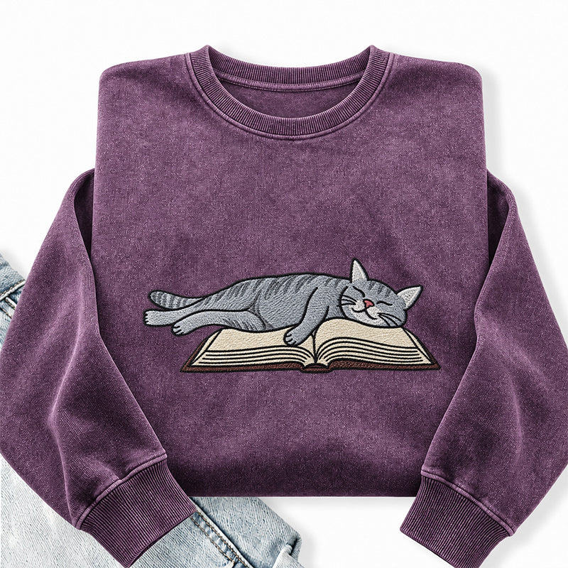 Embroidered Cat Sleeping On Book Washed Crewneck Sweatshirt