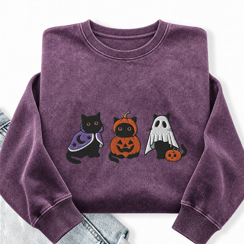 Embroidered Funny Halloween Black Cats Washed Crewneck Sweatshirt
