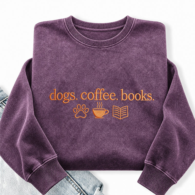 Embroidered Dogs Coffee Books Washed Crewneck Sweatshirt