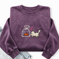 Embroidered Cute Cat Goldfish Washed Crewneck Sweatshirt
