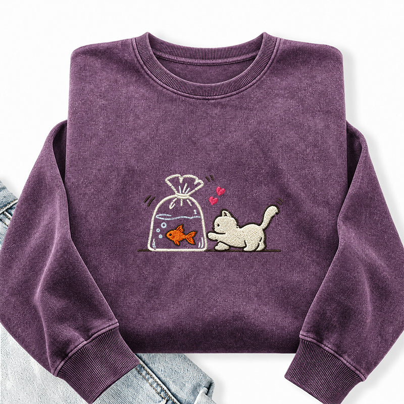 Embroidered Cute Cat Goldfish Washed Crewneck Sweatshirt