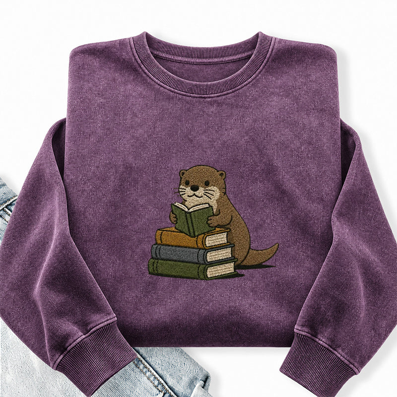 Embroidered Reading Otter Washed Crewneck Sweatshirt