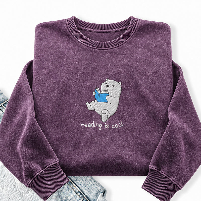 Embroidered Reading Is Cool Polar Bear Washed Crewneck Sweatshirt