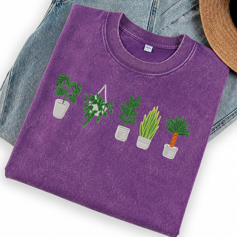 Embroidered Houseplant Washed Crew Neck T-Shirt