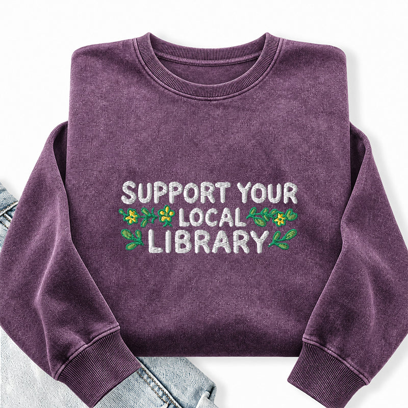 Embroidered Support Your Local Library Washed Crewneck Sweatshirt