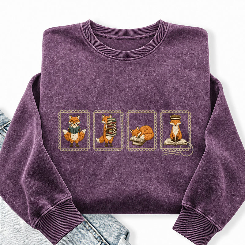 Embroidered Bookish Fox Washed Crewneck Sweatshirt