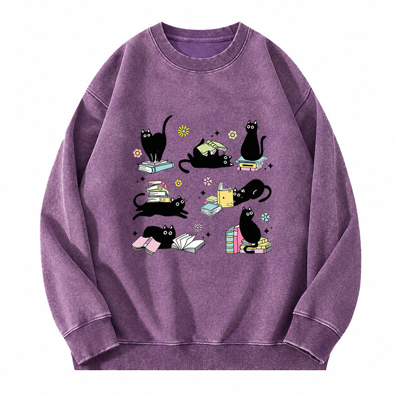 Book And Black Cats Washed Crewneck Sweatshirt