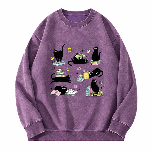 Book And Black Cats Washed Crewneck Sweatshirt