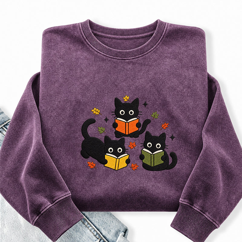 Embroidered Fall Black Cat Reading Books Washed Crewneck Sweatshirt
