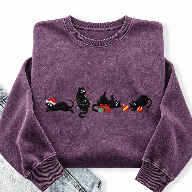 Embroidered Black Cat Christmas Washed Crewneck Sweatshirt