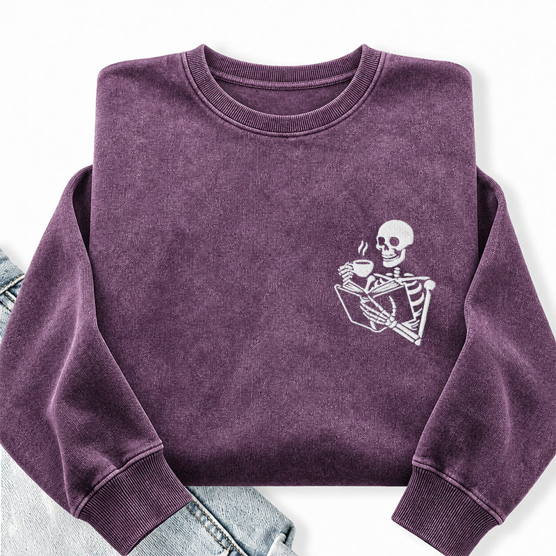 Embroidered Skeleton Coffee And Books Washed Crewneck Sweatshirt